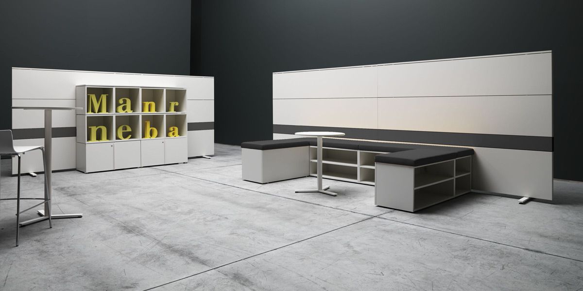 Vista interna di una ricostruzione di un’area lounge firmata Manerba con la collezione K-Word