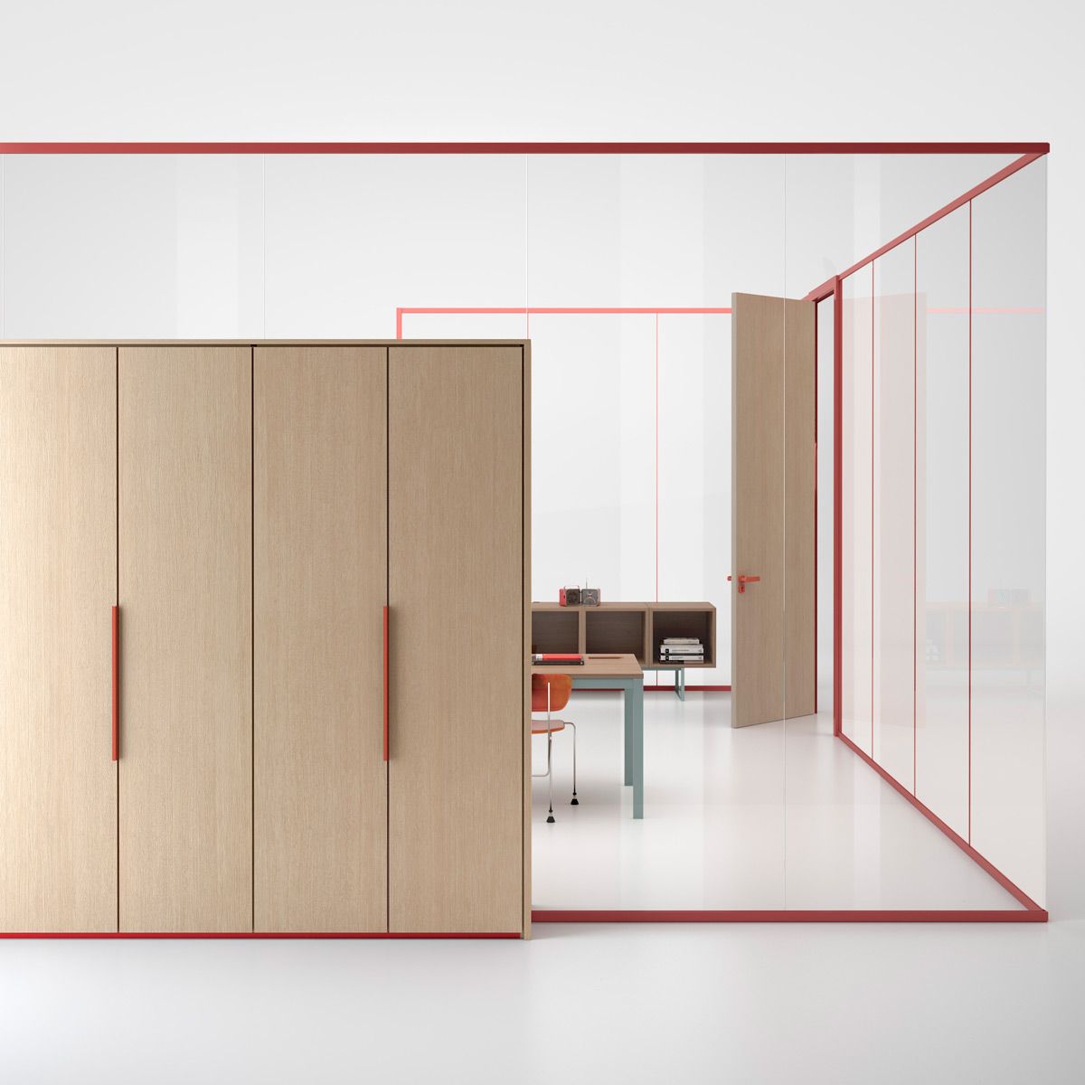 Foto di un interno di un ufficio diviso da quello adiacente con una parete in vetro Wallsystem