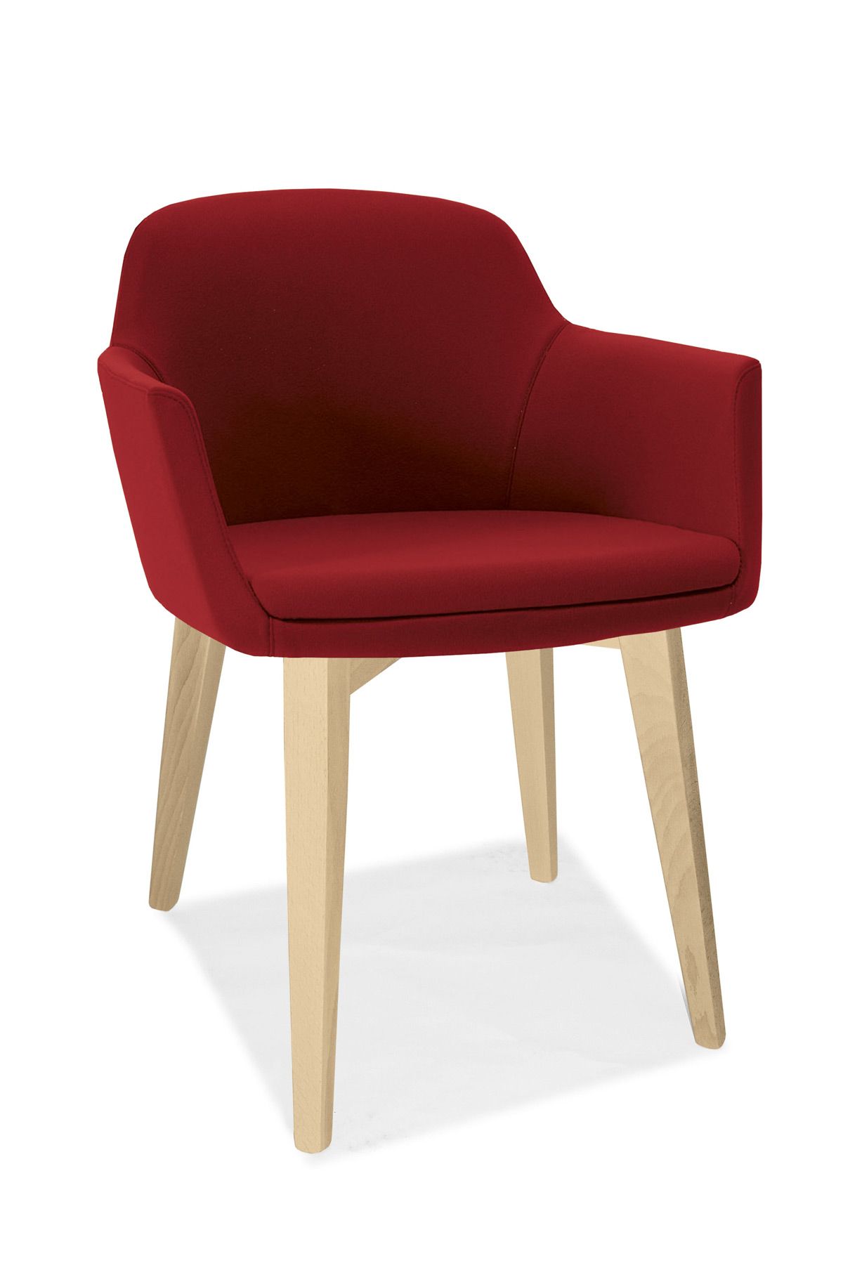 Immagine di una sedia di design rossa con gambe in legno su sfondo bianco