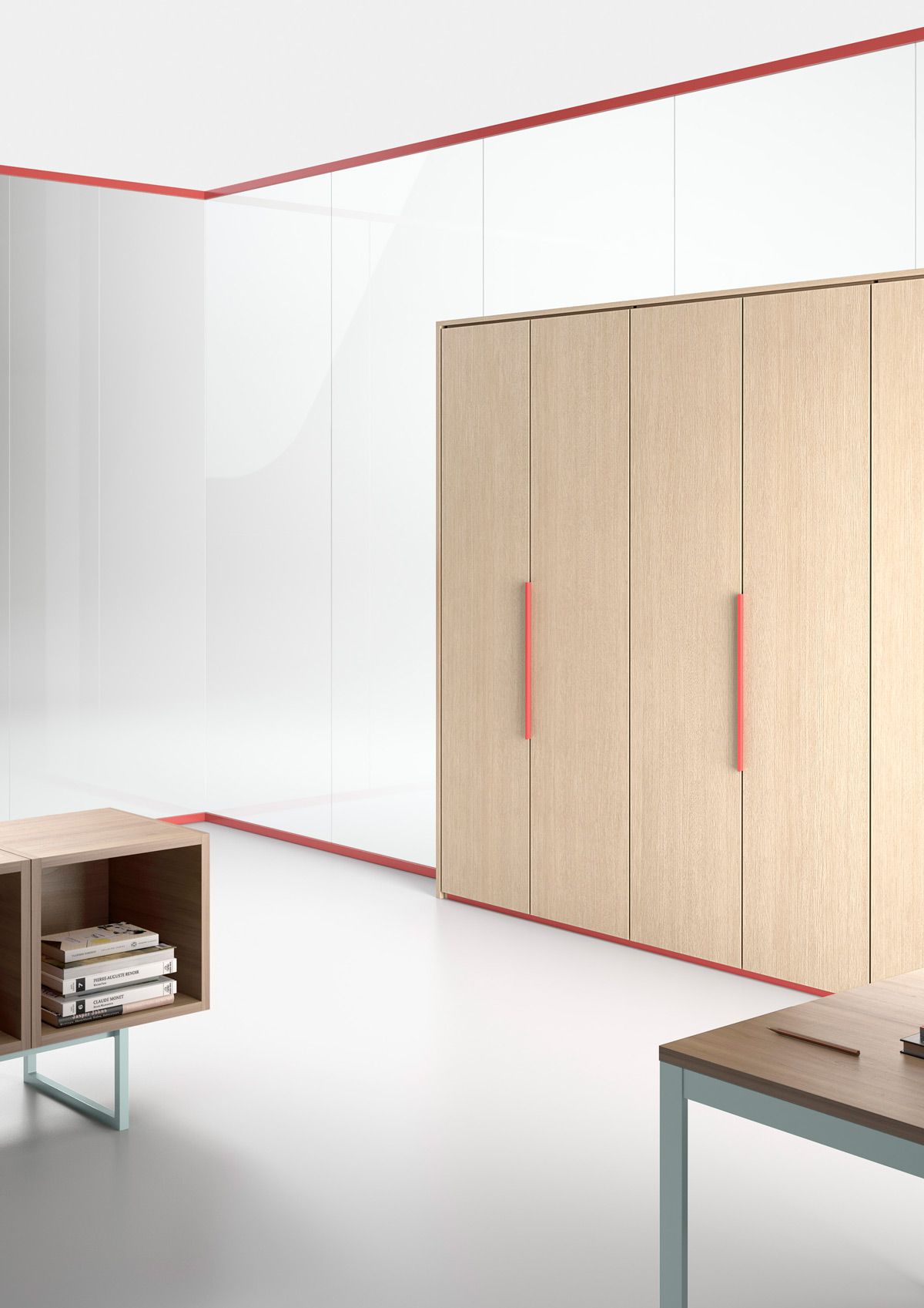 Interno di un ufficio operativo con una parte di parete in vetro e una in legno